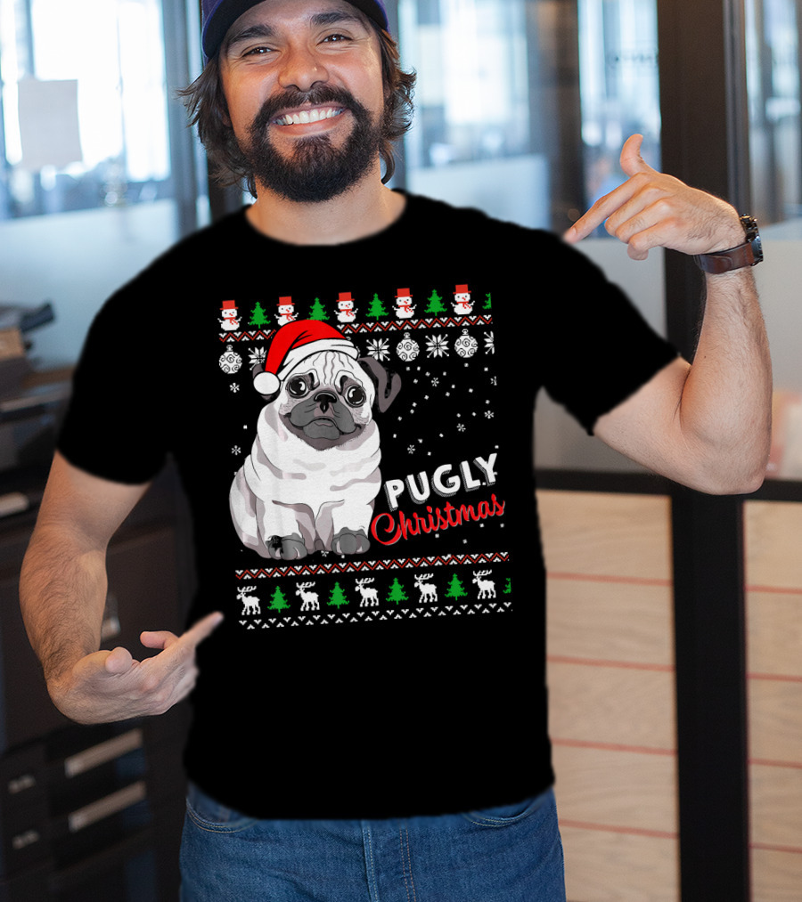 Pugly Christmas Santa Hat Snowflakes Ugly T-Shirt