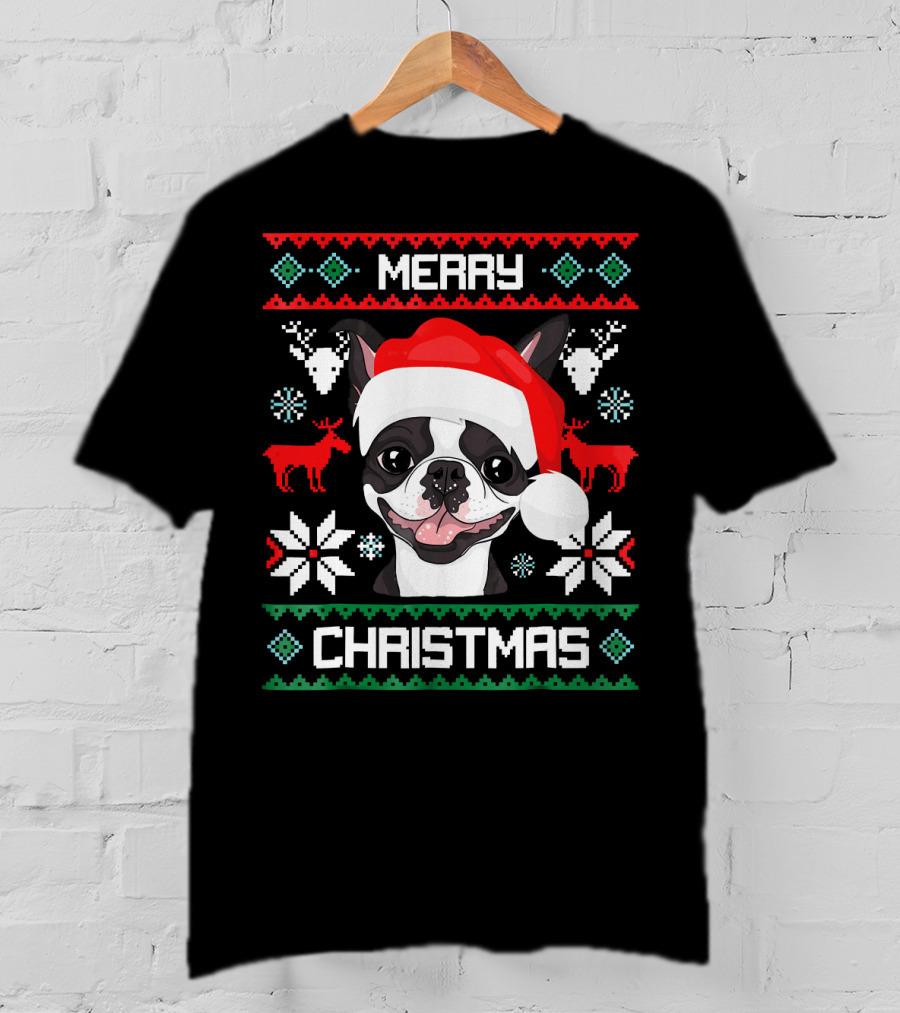 Merry Christmas Boston Terrier Santa Hat Ugly Sweater Holiday T-Shirt