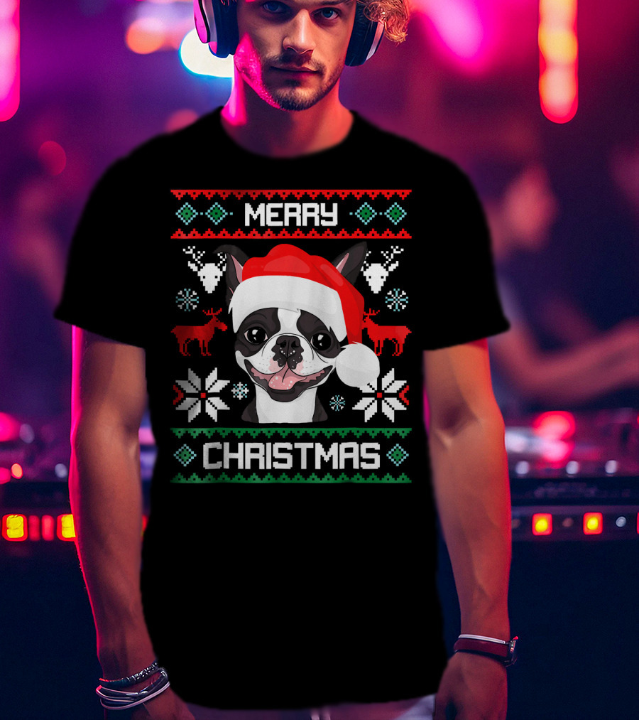 Merry Christmas Boston Terrier Santa Hat Ugly Sweater Holiday T-Shirt