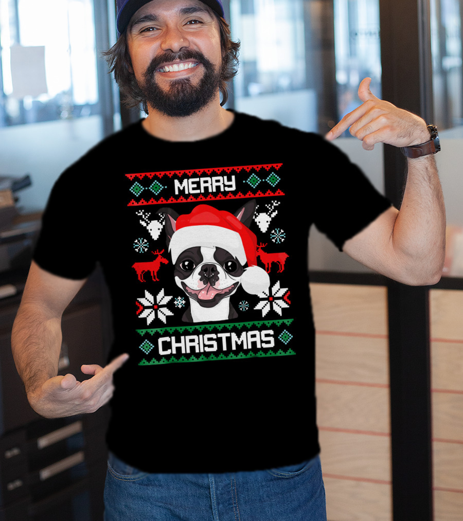 Merry Christmas Boston Terrier Santa Hat Ugly Sweater Holiday T-Shirt