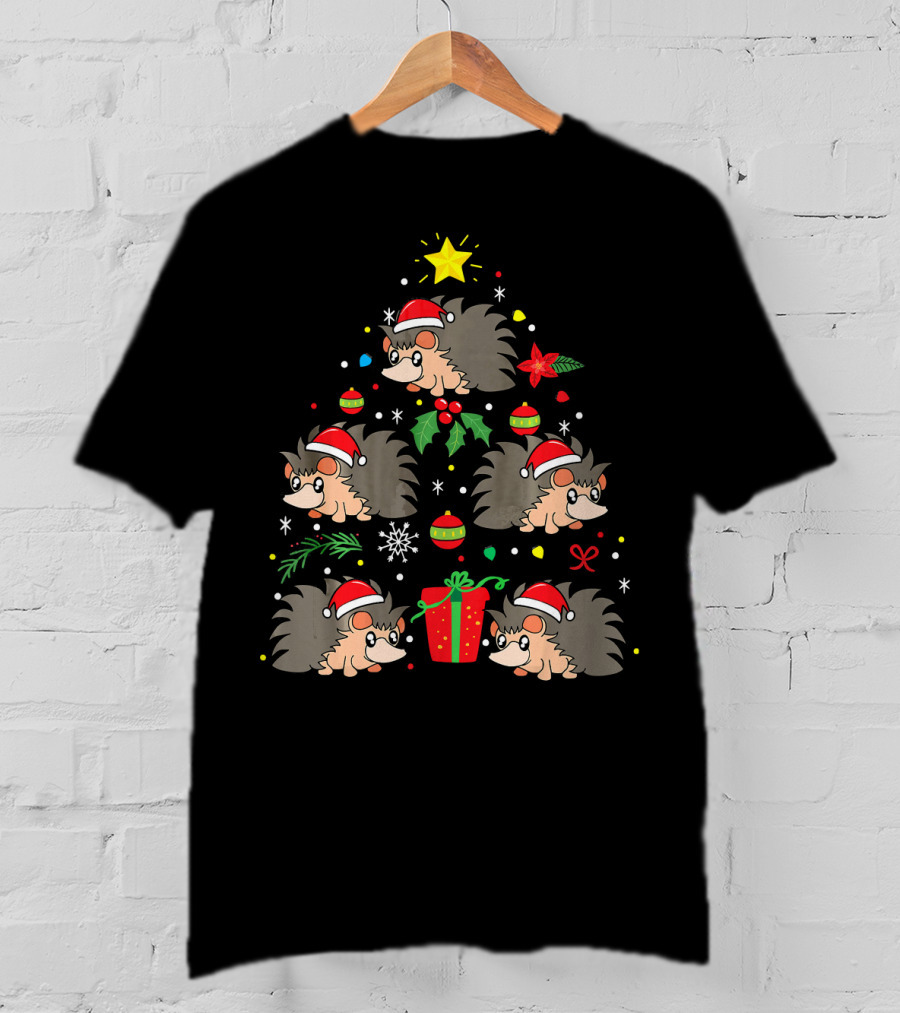 Santa Hat Hedgehog Christmas Tree With Ornaments And Gift T-Shirt
