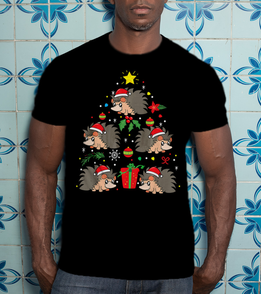 Santa Hat Hedgehog Christmas Tree With Ornaments And Gift T-Shirt