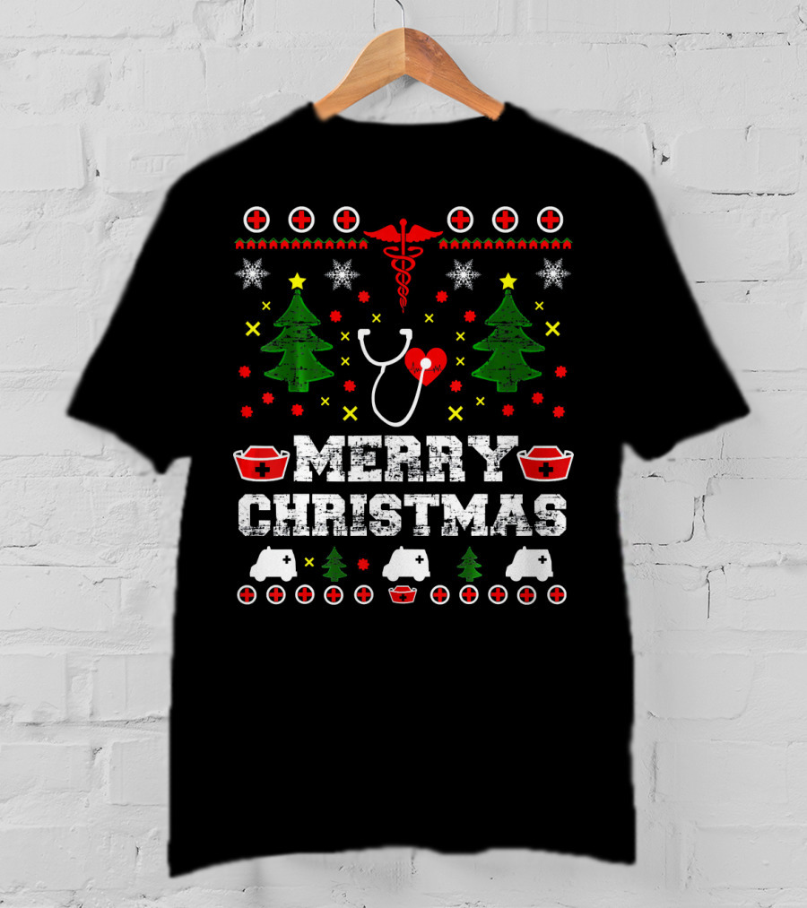 MERRY CHRISTMAS Nurse Ugly Stethoscope And Medical Symbols T-Shirt