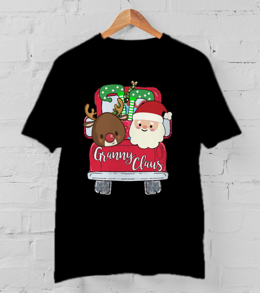 Granny Claus Santa And Reindeer In Christmas Car With Gifts T-Shirt