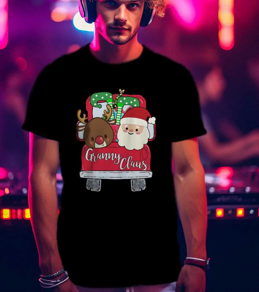 Granny Claus Santa And Reindeer In Christmas Car With Gifts T-Shirt