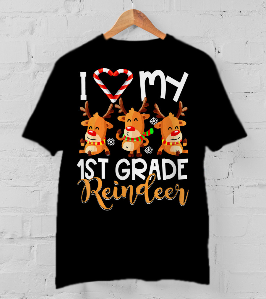 I Love My 1st Grade Reindeer With Candy Cane Heart T-Shirt