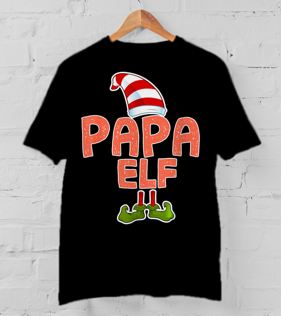 Papa Elf Funny Merry Christmas Striped Hat And Green Shoes T-Shirt