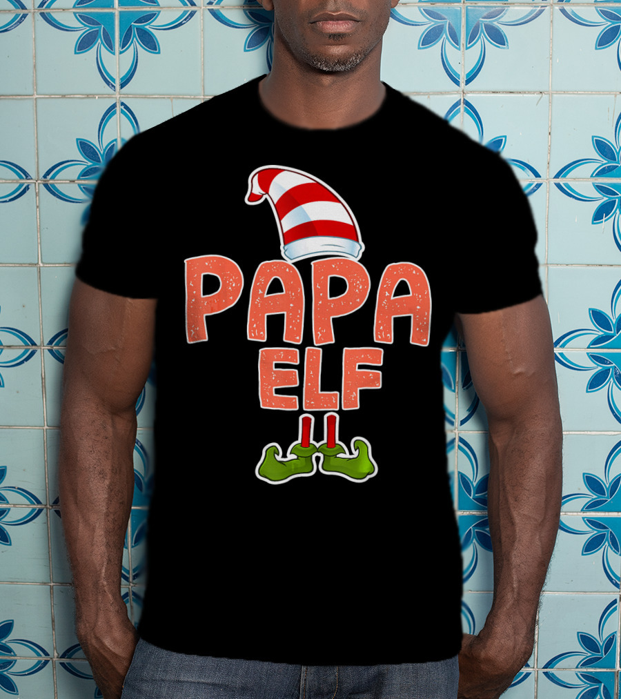 Papa Elf Funny Merry Christmas Striped Hat And Green Shoes T-Shirt