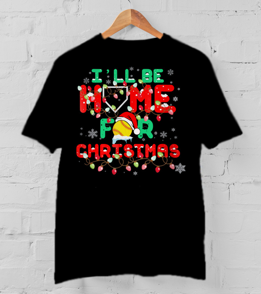 I'll Be Home For Christmas Xmas Funny Baseball Santa Hat Snowflakes Lights T-Shirt
