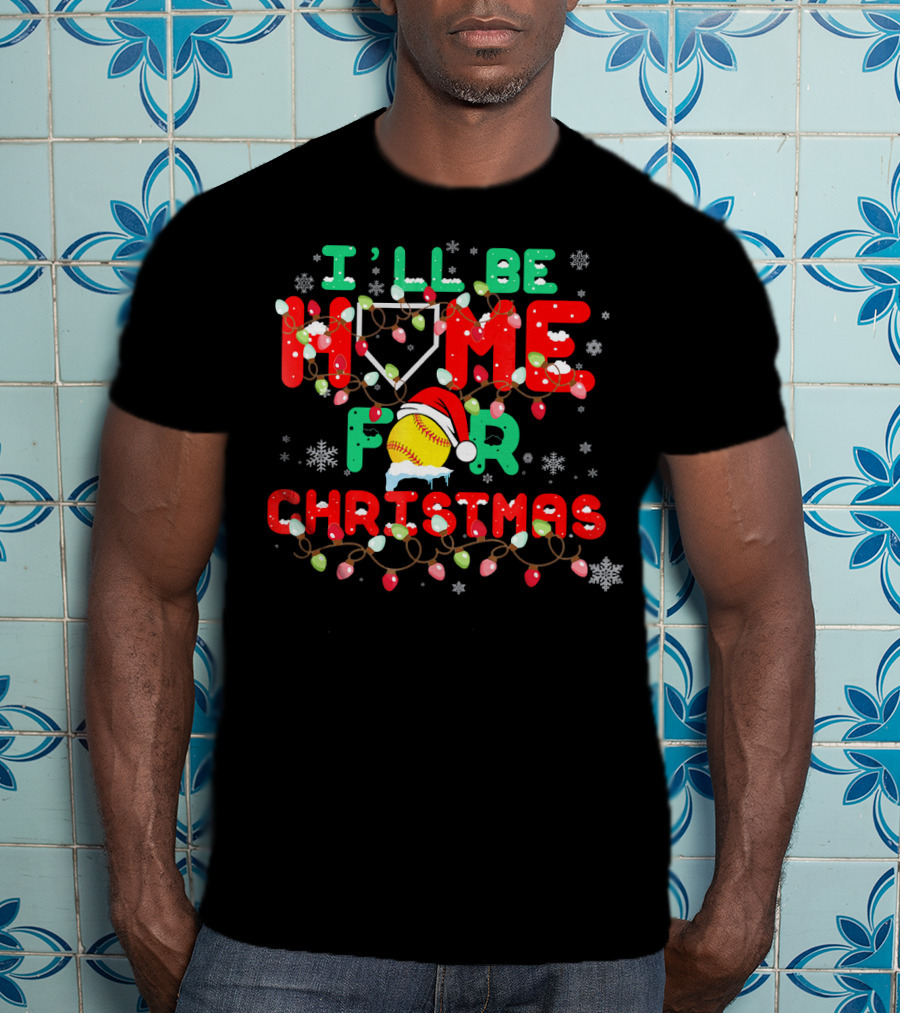 I'll Be Home For Christmas Xmas Funny Baseball Santa Hat Snowflakes Lights T-Shirt
