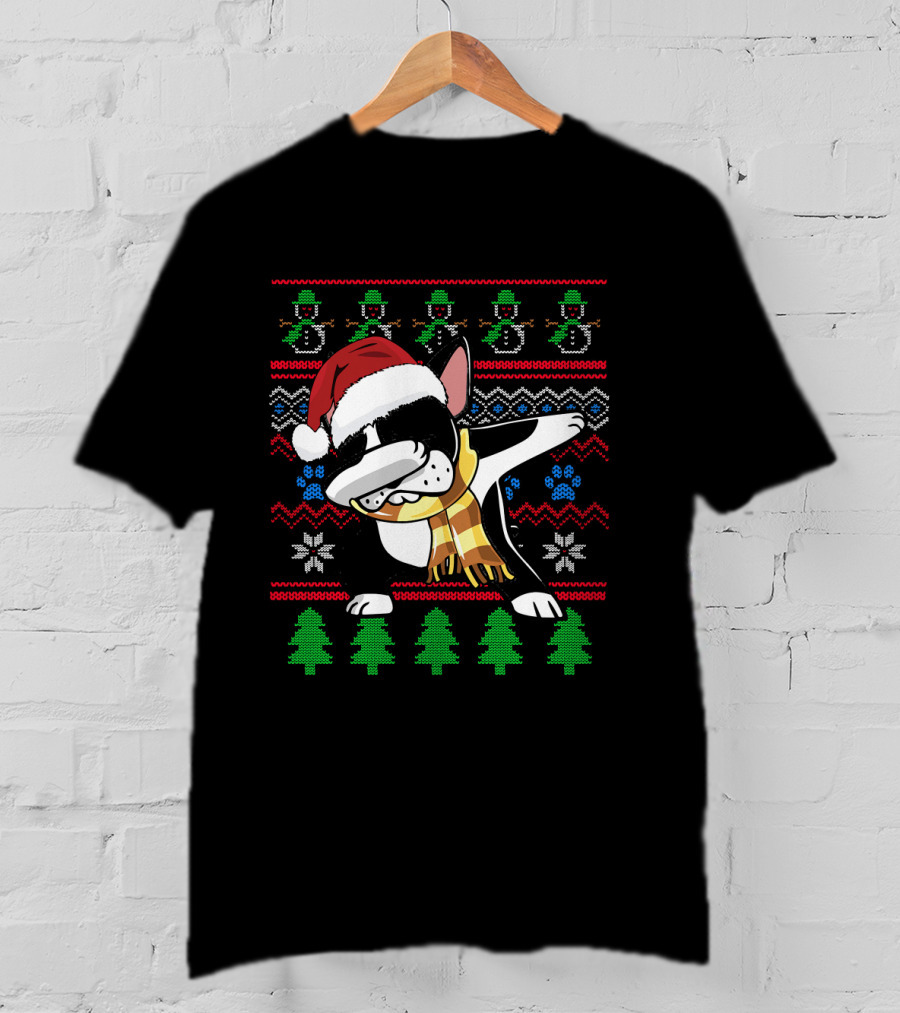Boston Terrier Dabbing Santa Hat UglyStyl Christmas Sweater Snowmen Trees T-Shirt