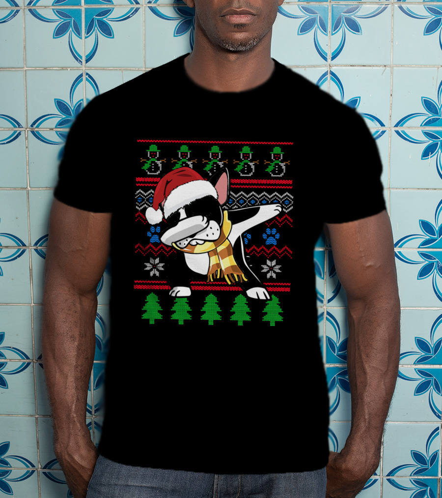 Boston Terrier Dabbing Santa Hat UglyStyl Christmas Sweater Snowmen Trees T-Shirt