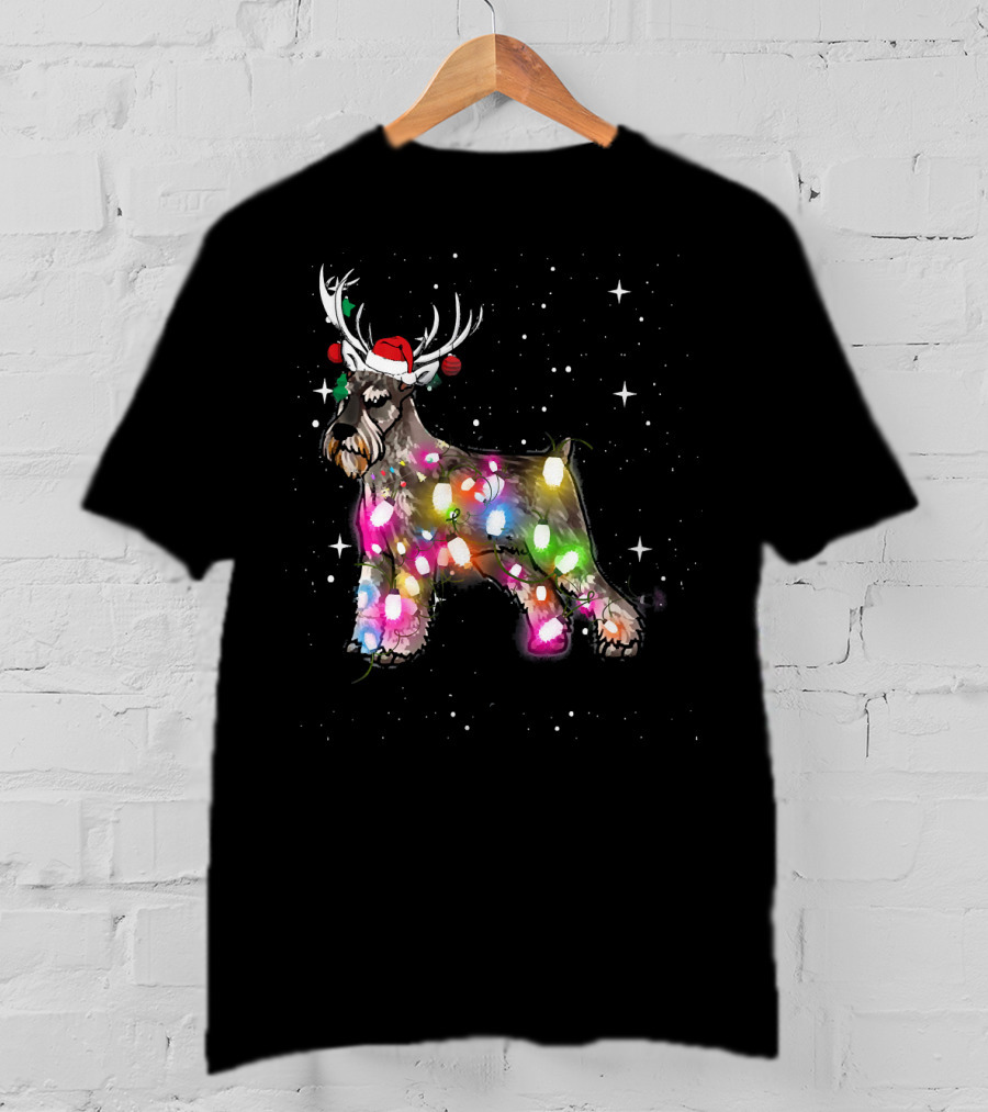 Festive Christmas Lights Standard Schnauzer With Santa Hat And Reindeer Antlers T-Shirt