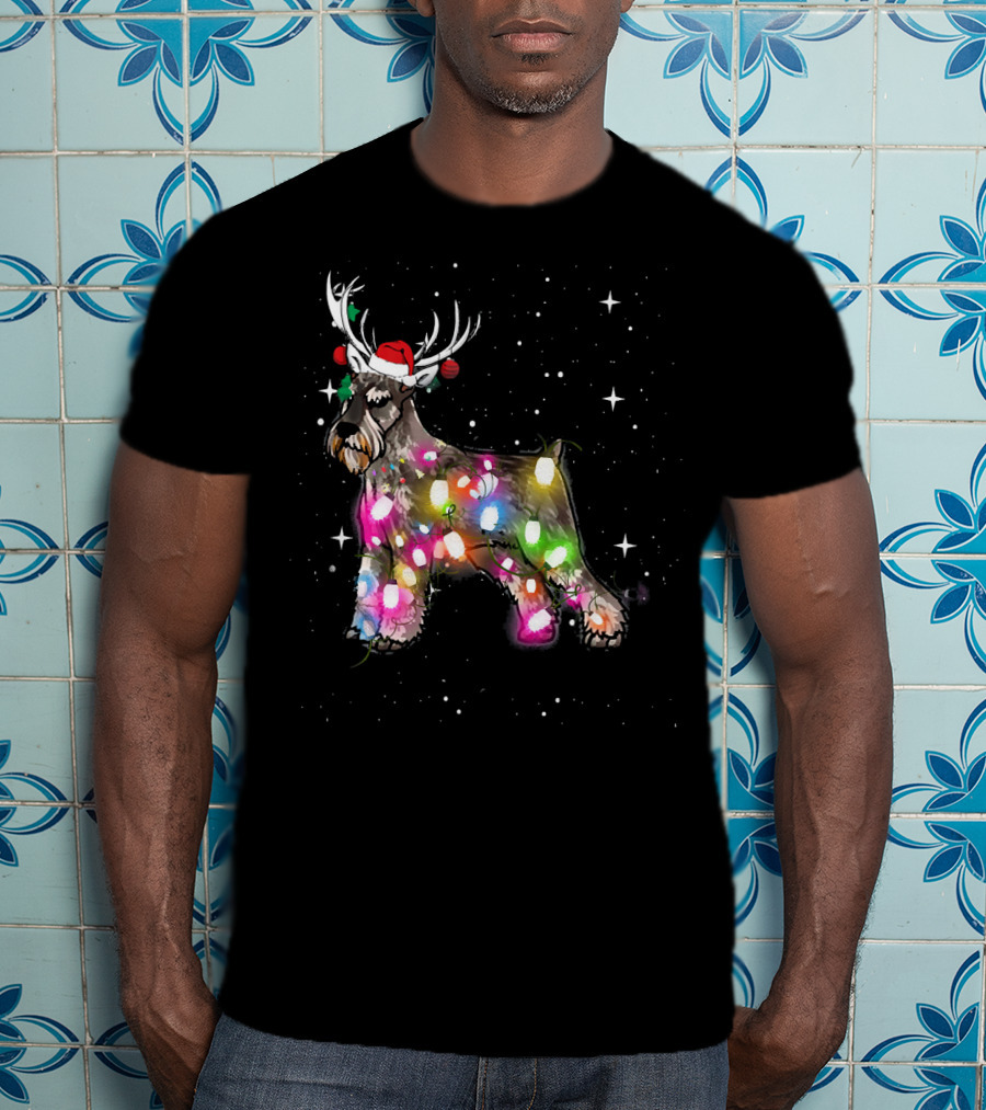 Festive Christmas Lights Standard Schnauzer With Santa Hat And Reindeer Antlers T-Shirt