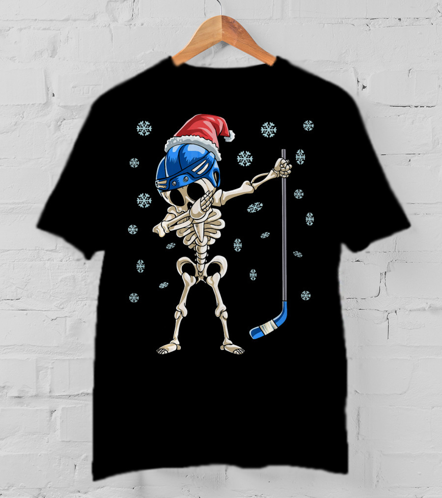 Santa Hat Dabbing Skeleton Ice Hockey With Snowflakes T-Shirt