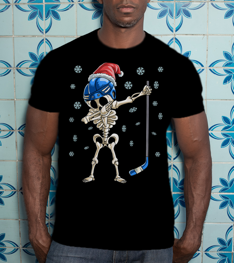 Santa Hat Dabbing Skeleton Ice Hockey With Snowflakes T-Shirt