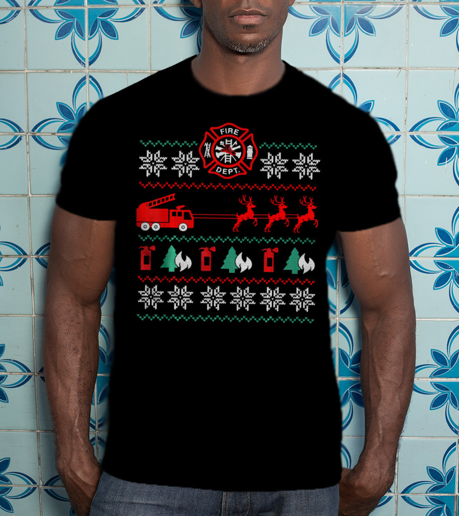 Fire Department Holiday Sweater Firetruck And Reindeer T-Shirt