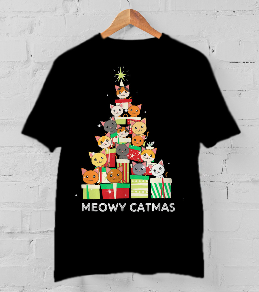 Meowy Catmas Funny Cat Christmas Tree Box T-Shirt