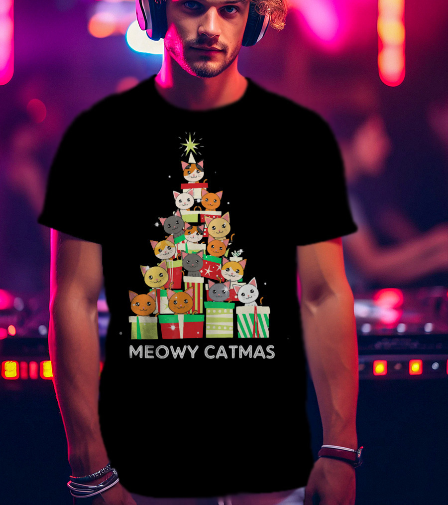 Meowy Catmas Funny Cat Christmas Tree Box T-Shirt