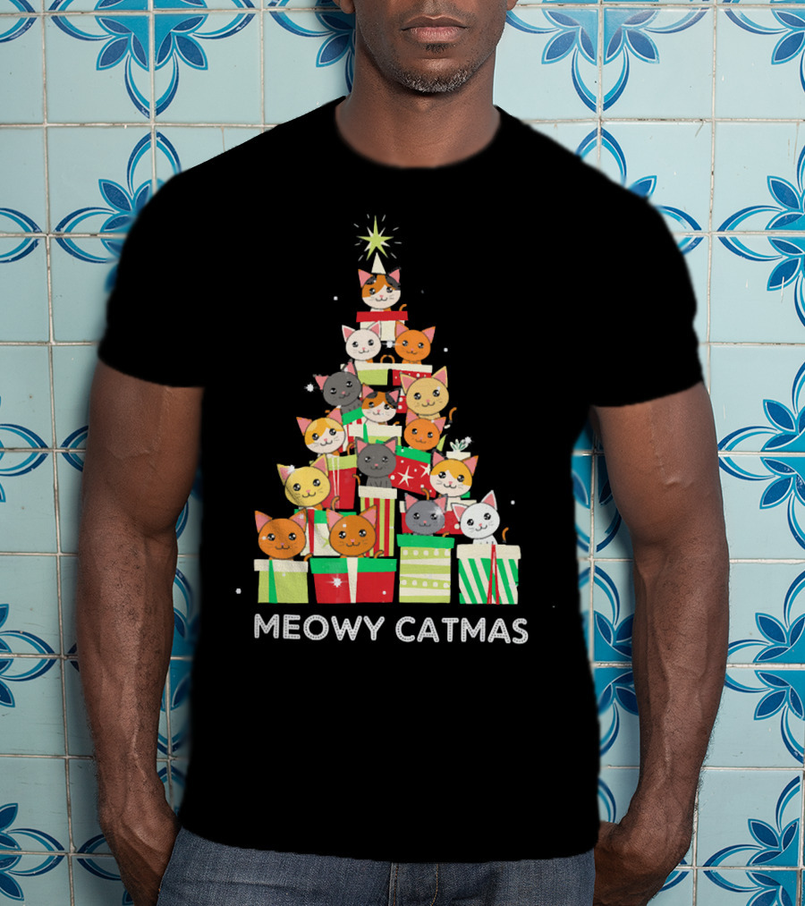 Meowy Catmas Funny Cat Christmas Tree Box T-Shirt