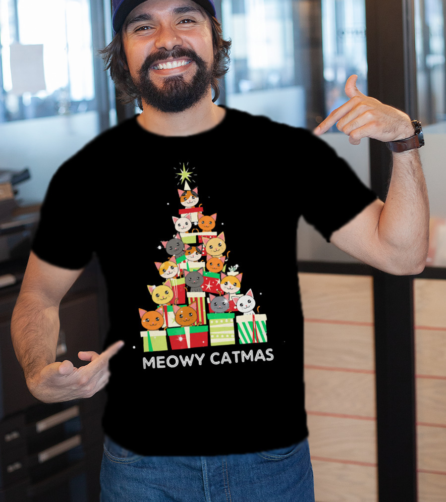 Meowy Catmas Funny Cat Christmas Tree Box T-Shirt