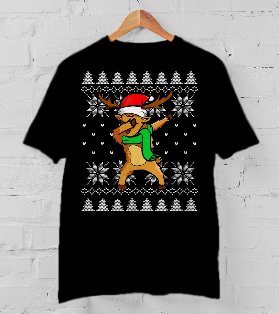 Funny Christmas Dabbing Reindeer In Santa Hat And Scarf Ugly T-Shirt