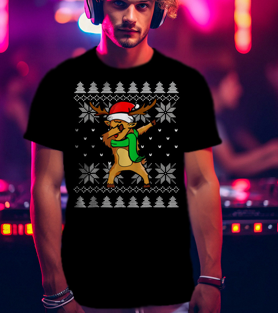 Funny Christmas Dabbing Reindeer In Santa Hat And Scarf Ugly T-Shirt