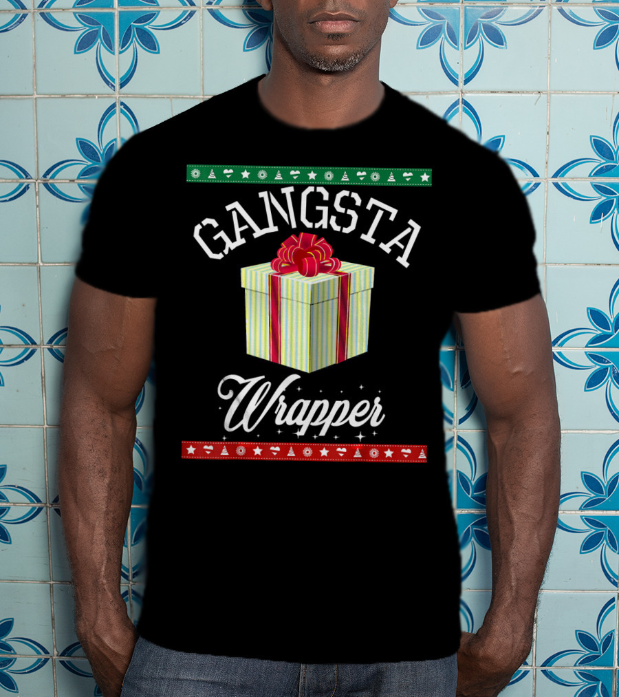 Gangsta Wrapper Funny Christmas Present With Gift Box And Festive Borders T-Shirt