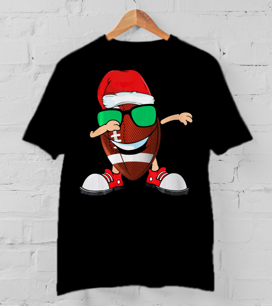 Dabbing Football Wearing Santa Hat With Green Sunglasses And Red Sneakers T-Shirt