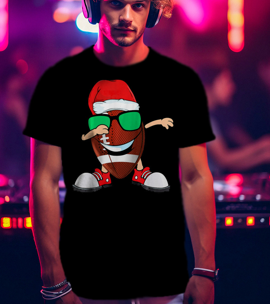 Dabbing Football Wearing Santa Hat With Green Sunglasses And Red Sneakers T-Shirt