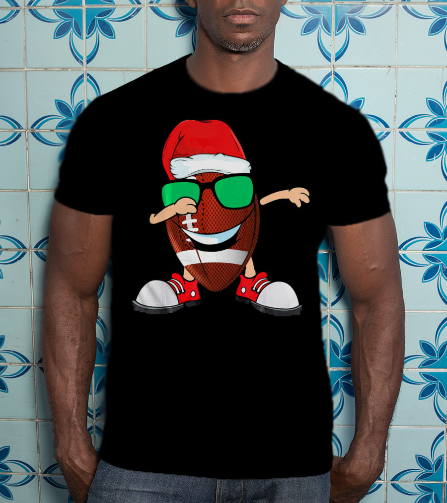 Dabbing Football Wearing Santa Hat With Green Sunglasses And Red Sneakers T-Shirt