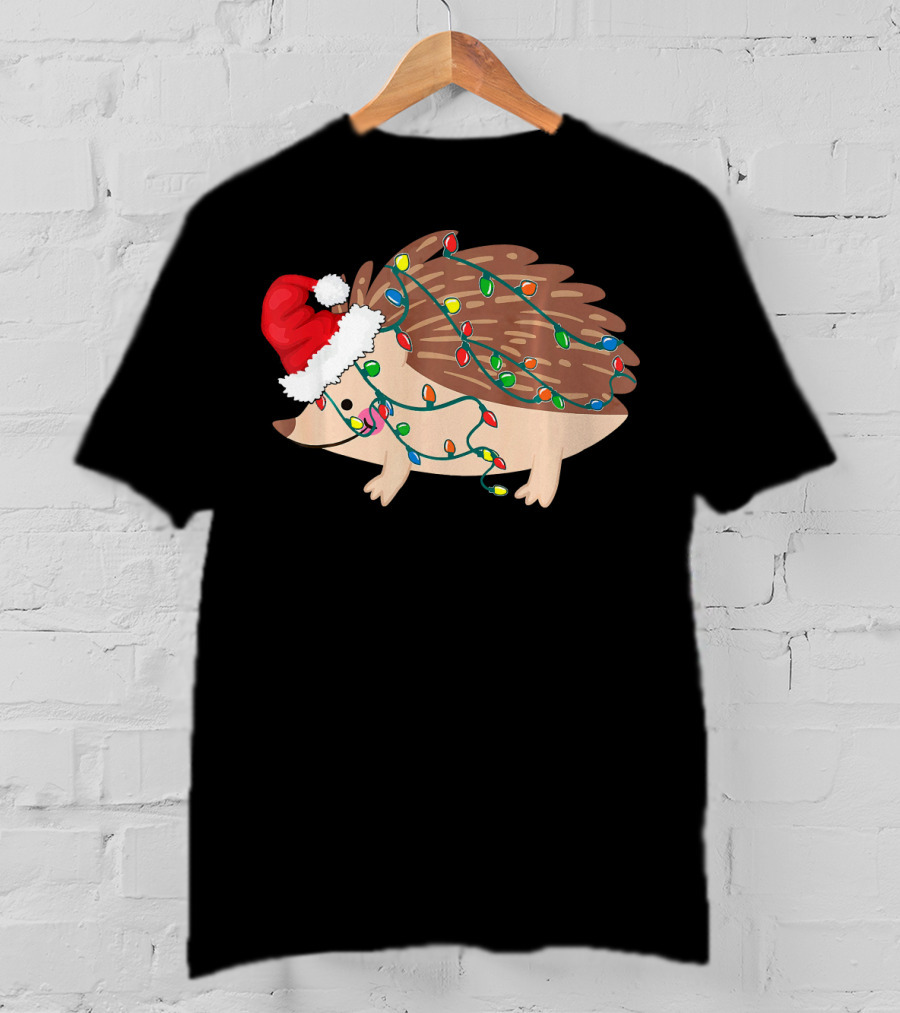 Hedgehog Christmas Lights Funny Santa Hat T-Shirt