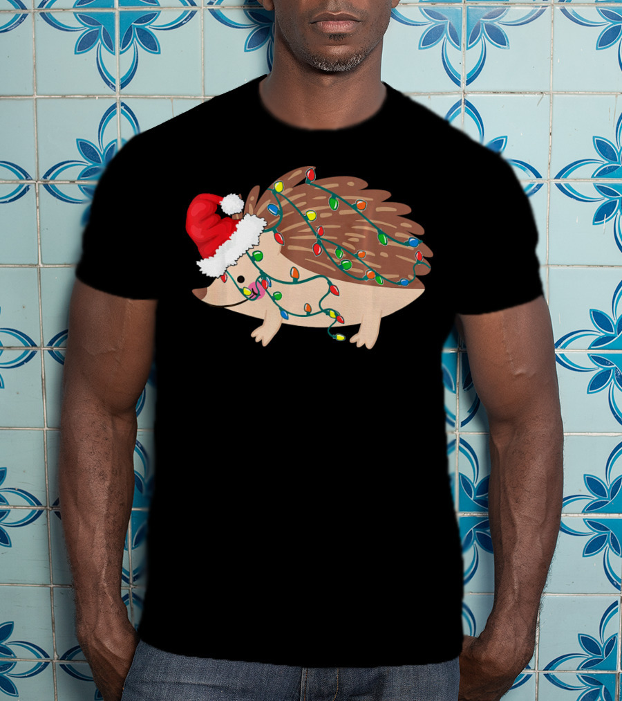 Hedgehog Christmas Lights Funny Santa Hat T-Shirt