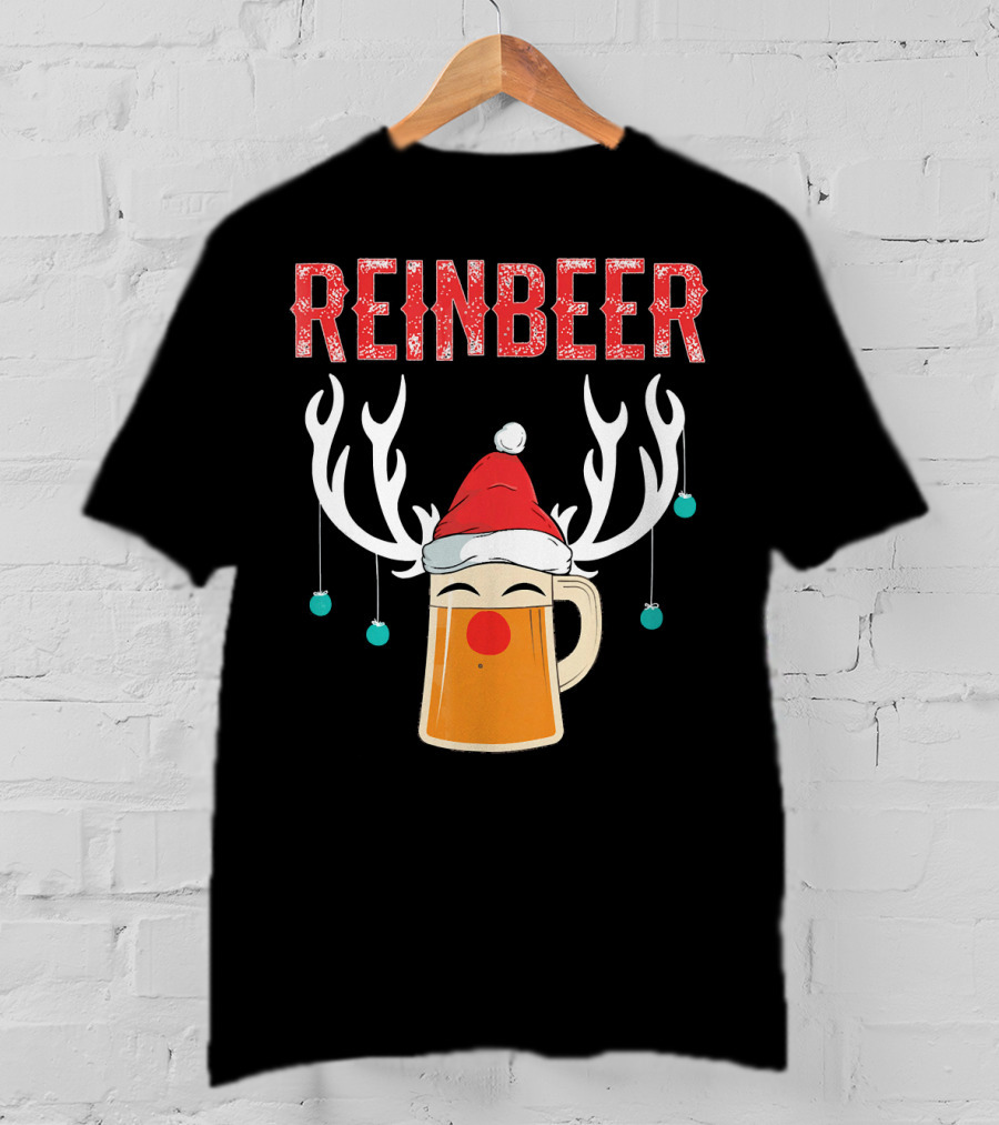 Reinbeer Christmas Antler Humor With Santa Hat Beer Mug T-Shirt