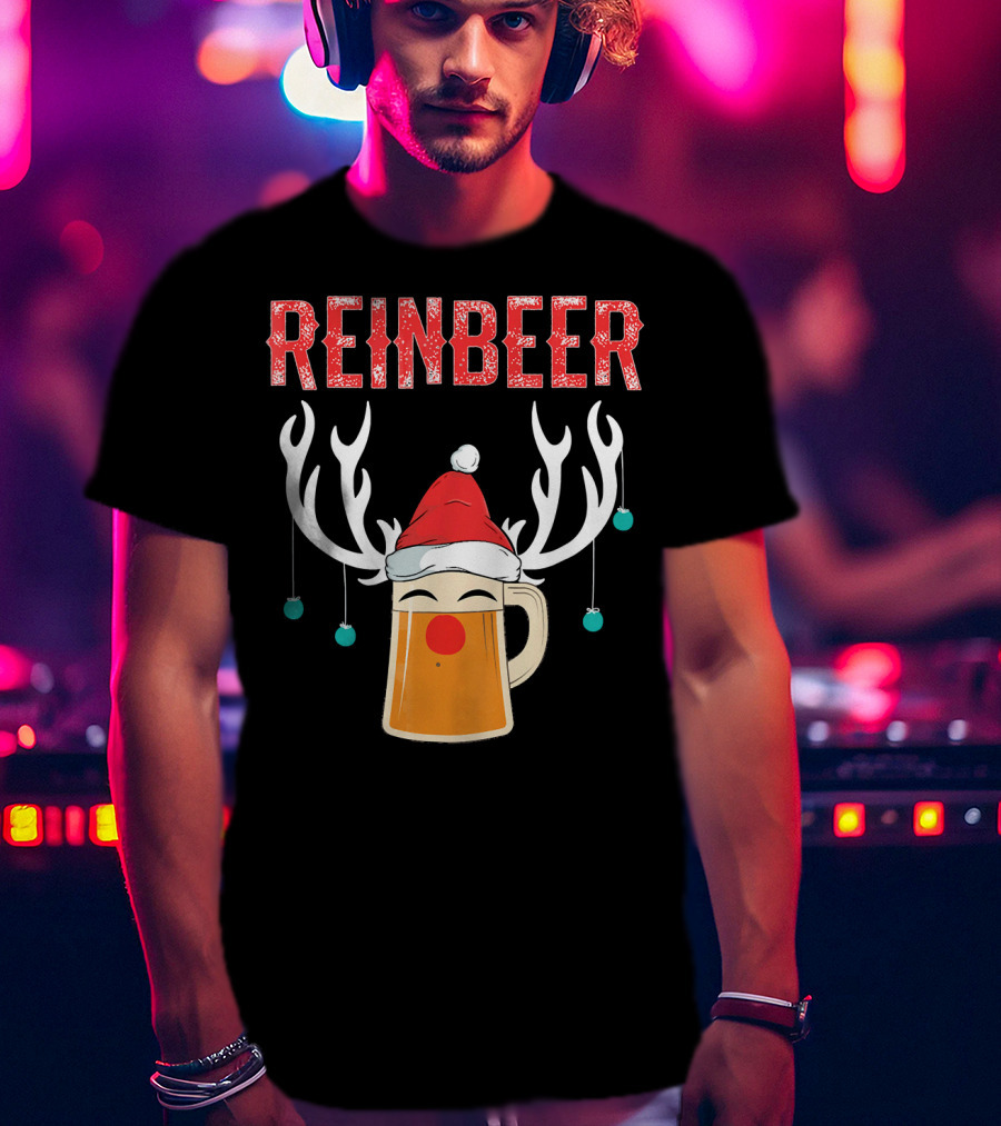 Reinbeer Christmas Antler Humor With Santa Hat Beer Mug T-Shirt