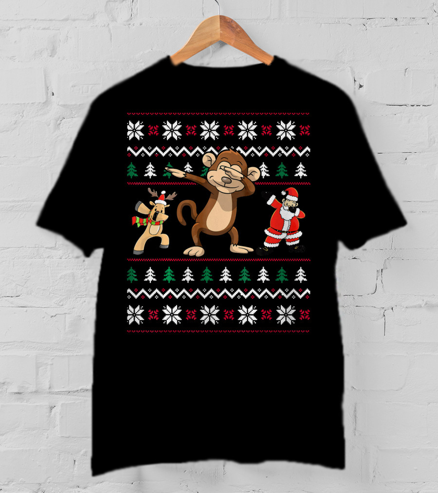 Funny Dabbing Monkey With Santa And Reindeer In Christmas T-Shirt