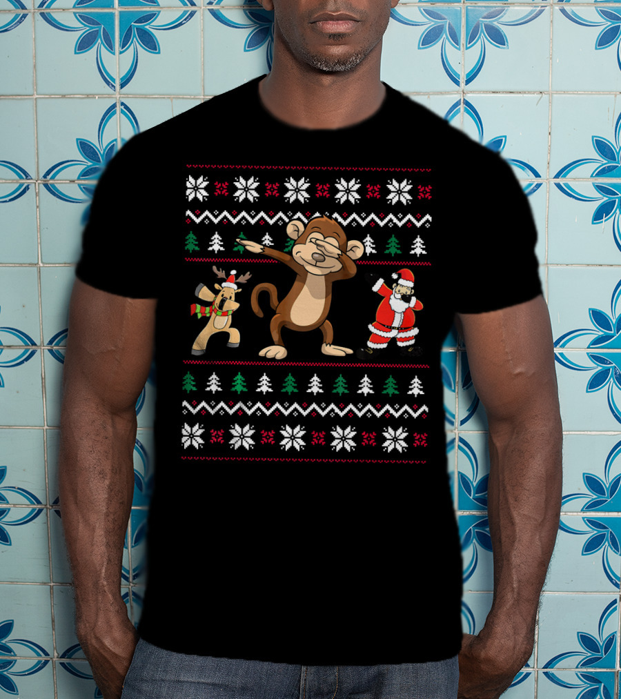 Funny Dabbing Monkey With Santa And Reindeer In Christmas T-Shirt