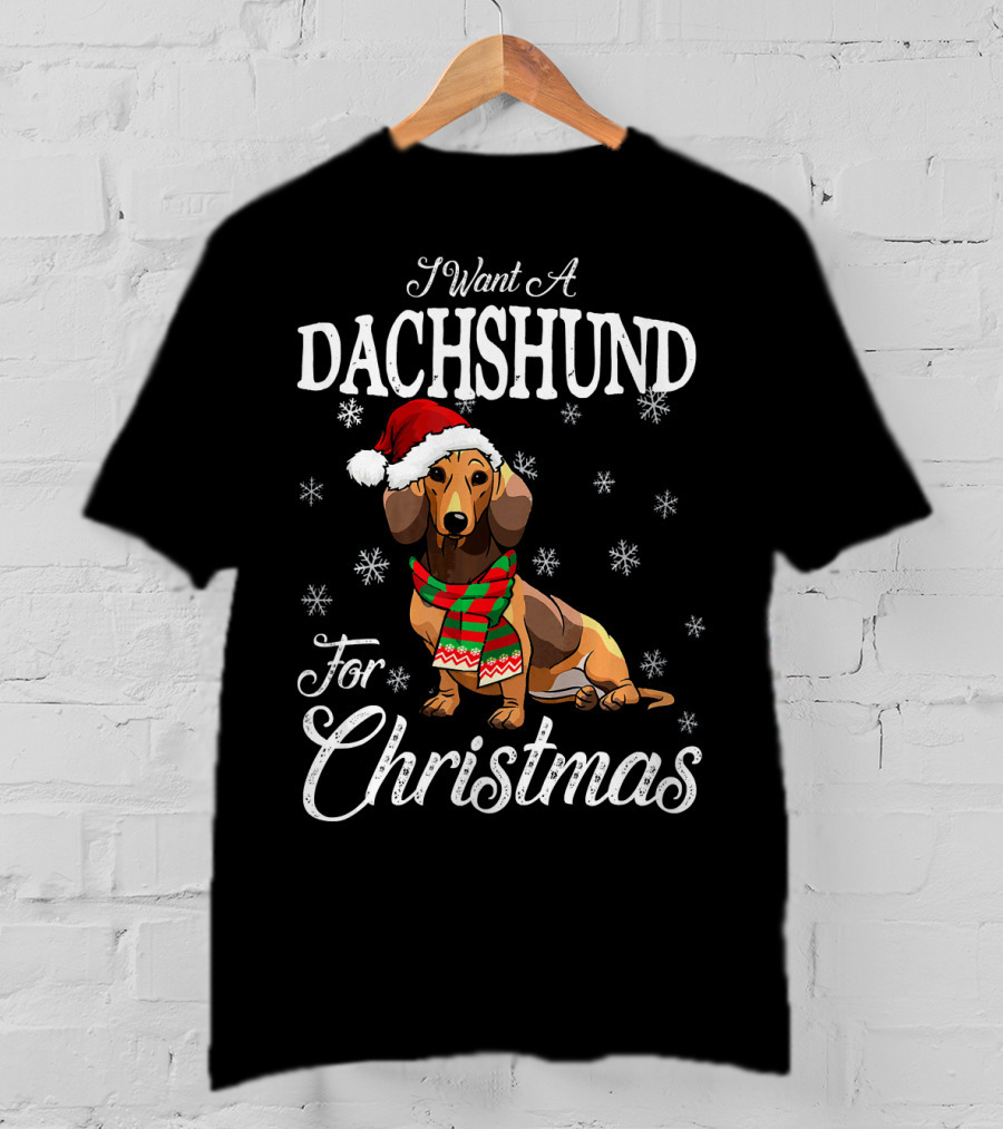 I Want A Dachshund Wearing Santa Hat And Scarf For Christmas Snowflakes T-Shirt