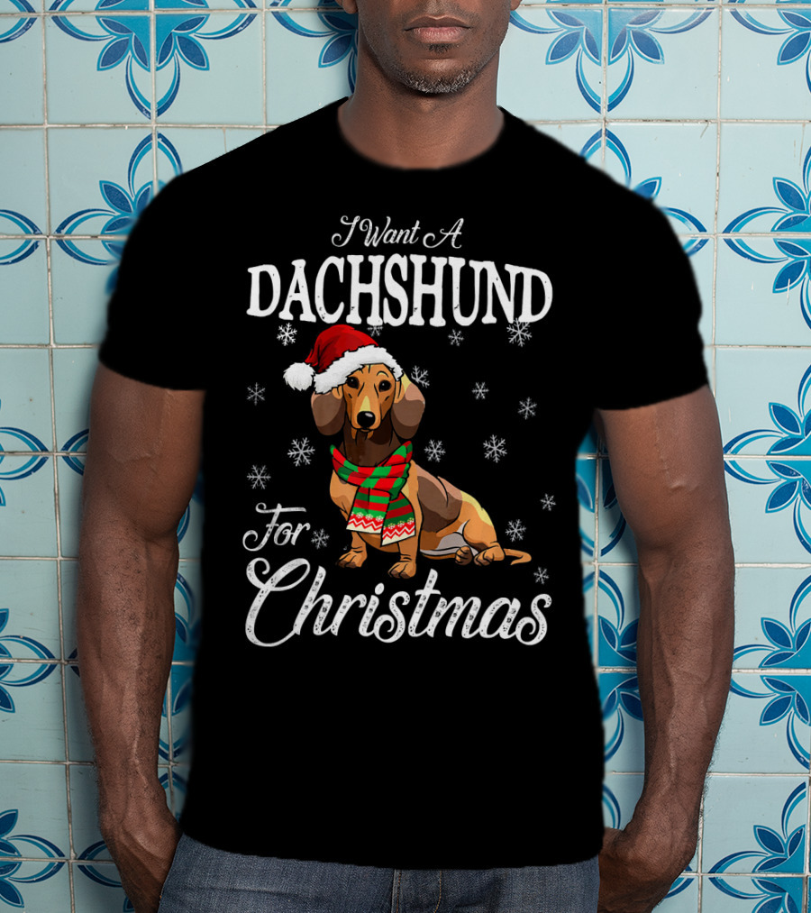 I Want A Dachshund Wearing Santa Hat And Scarf For Christmas Snowflakes T-Shirt