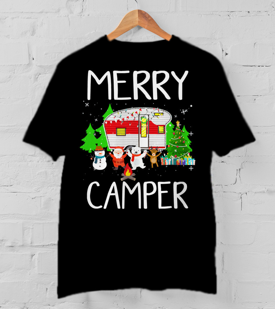 Merry Camper Christmas Santa Snowman Reindeer Campfire Scene T-Shirt