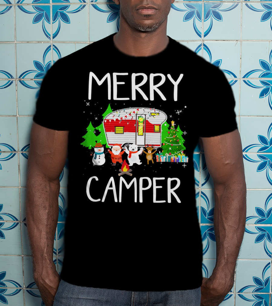 Merry Camper Christmas Santa Snowman Reindeer Campfire Scene T-Shirt