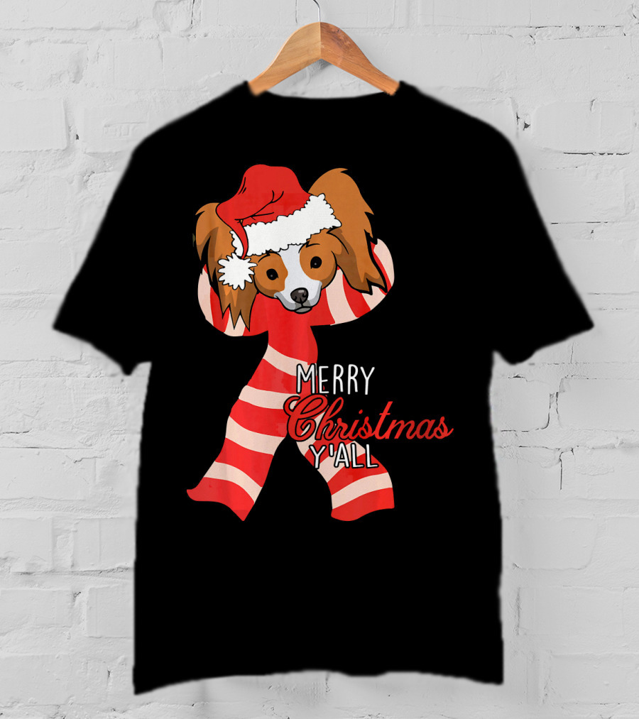 Papillon Dog Merry Christmas Y'all Santa Hat Striped T-Shirt