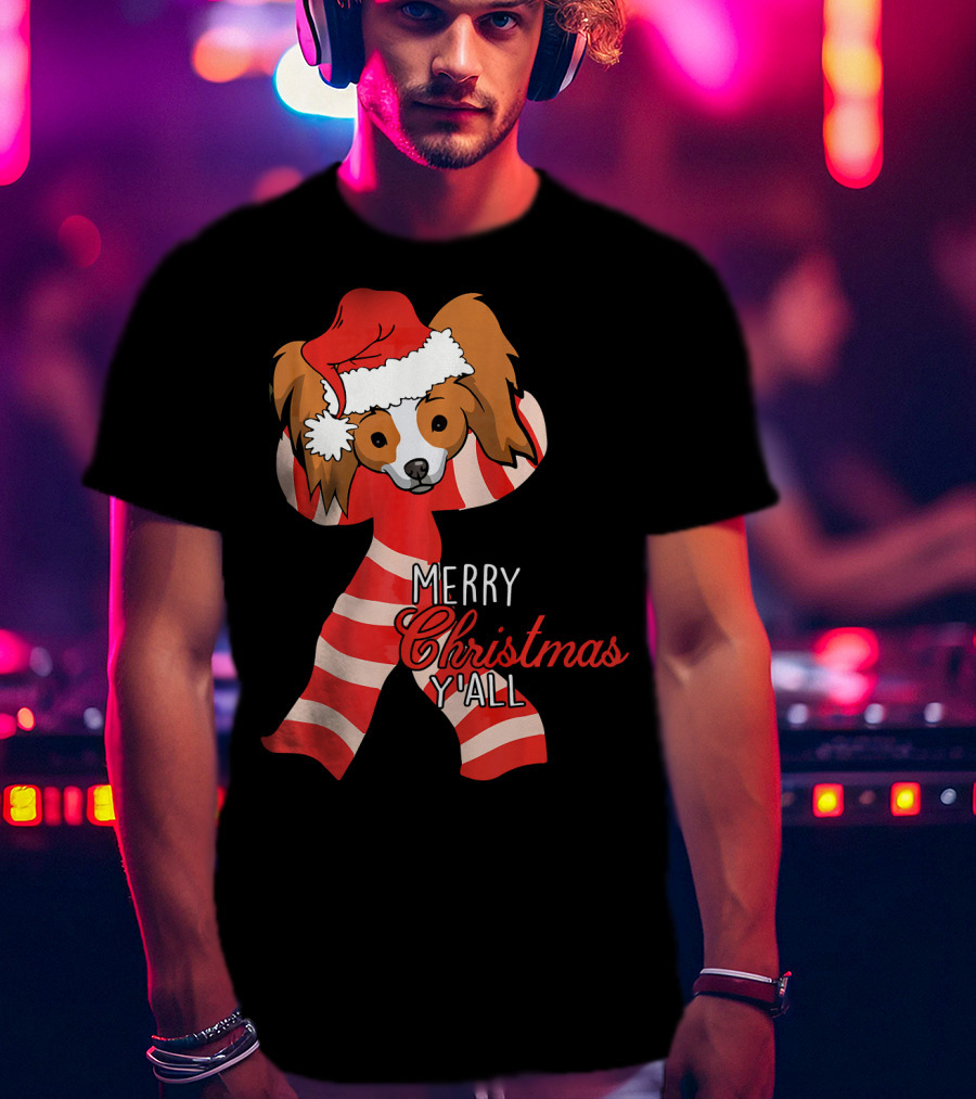 Papillon Dog Merry Christmas Y'all Santa Hat Striped T-Shirt