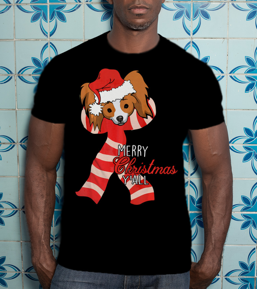 Papillon Dog Merry Christmas Y'all Santa Hat Striped T-Shirt