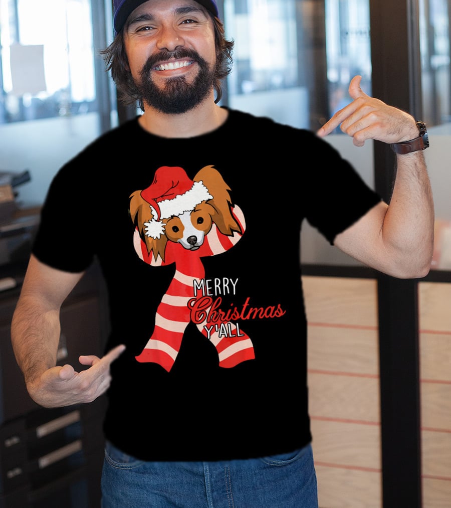 Papillon Dog Merry Christmas Y'all Santa Hat Striped T-Shirt