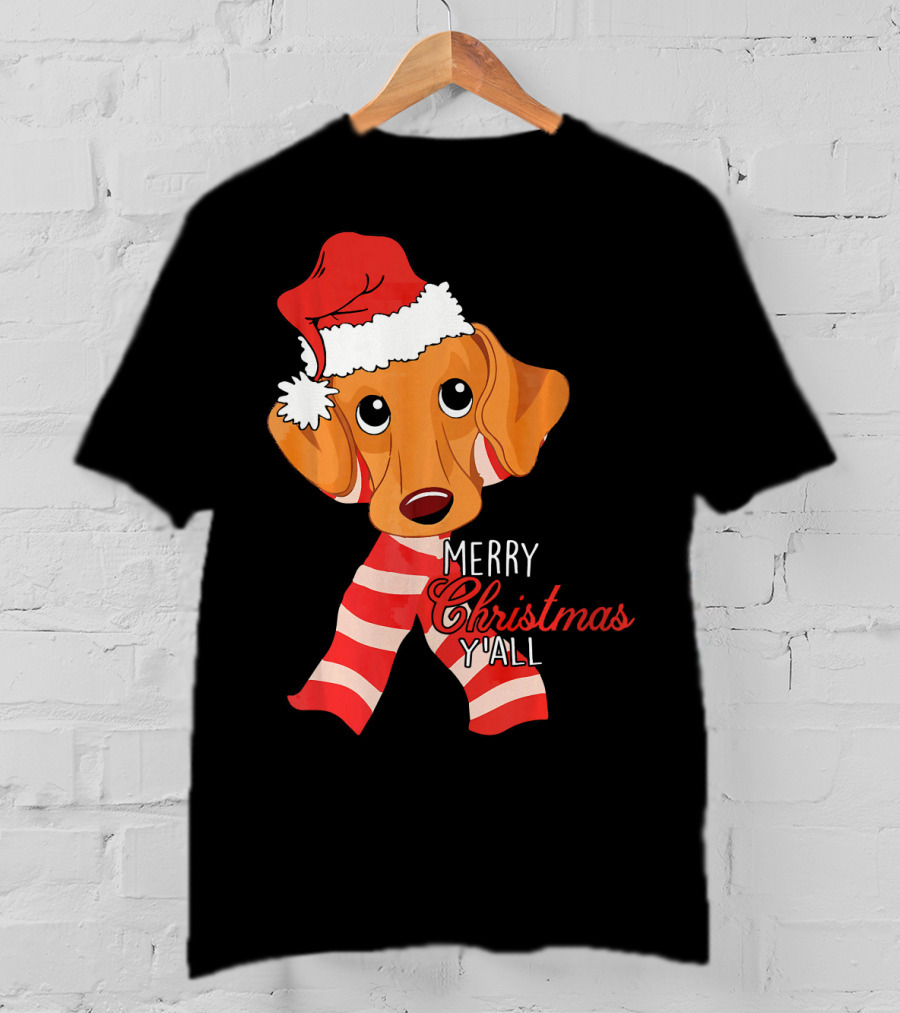 Merry Christmas Y'all Dachshund Dog Wearing Santa Hat And Striped Scarf T-Shirt