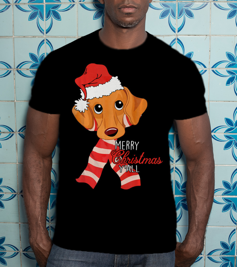 Merry Christmas Y'all Dachshund Dog Wearing Santa Hat And Striped Scarf T-Shirt