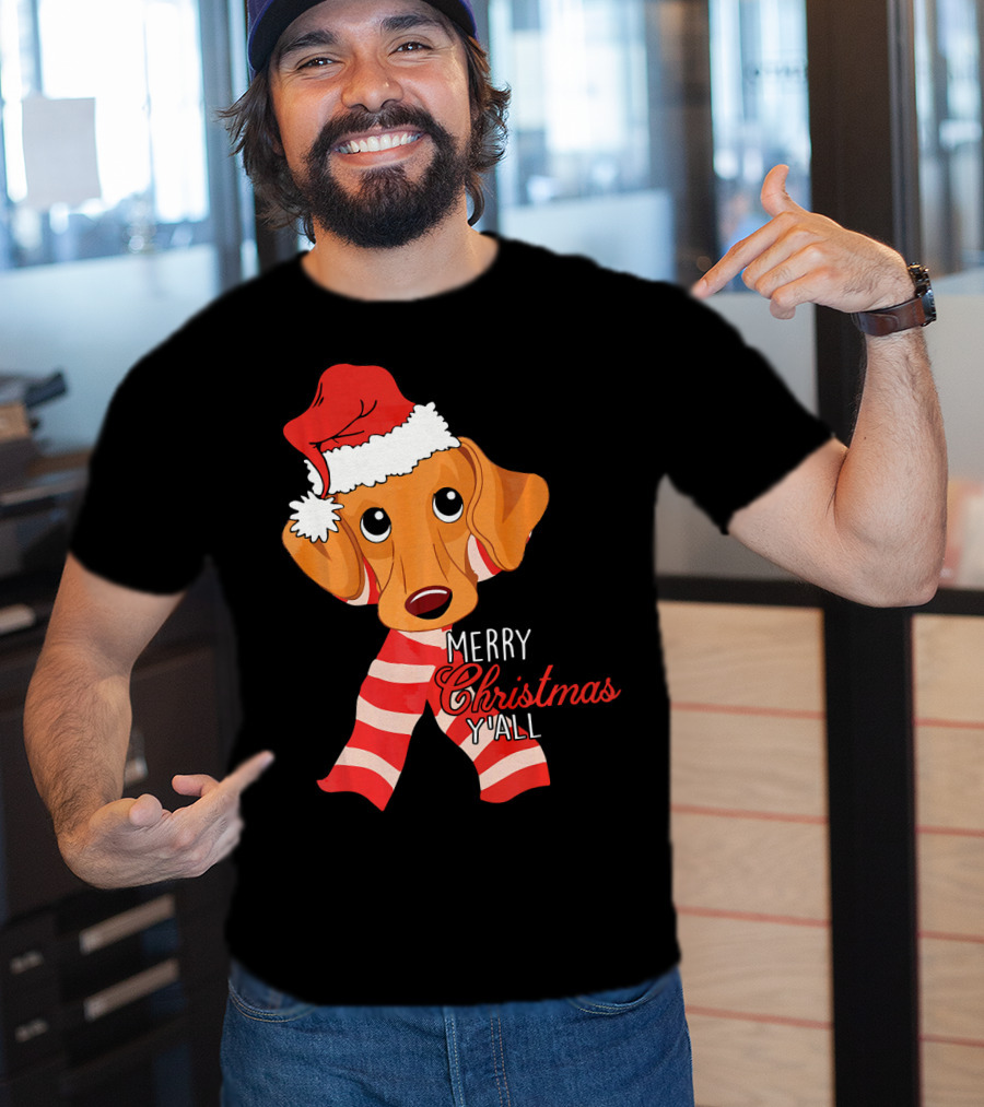 Merry Christmas Y'all Dachshund Dog Wearing Santa Hat And Striped Scarf T-Shirt