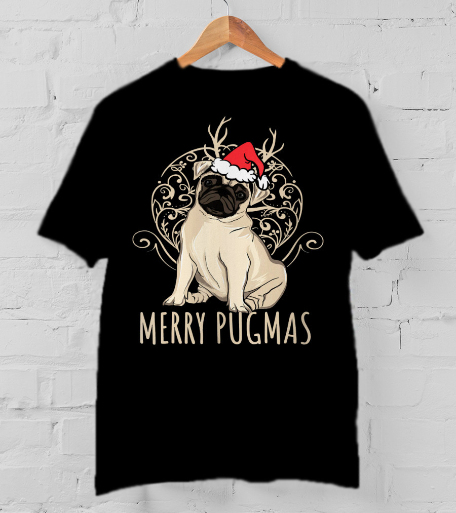 Merry Pugmas Funny Pug With Santa Hat And Antlers T-Shirt