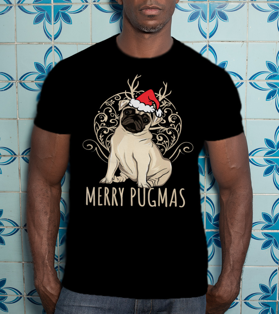 Merry Pugmas Funny Pug With Santa Hat And Antlers T-Shirt